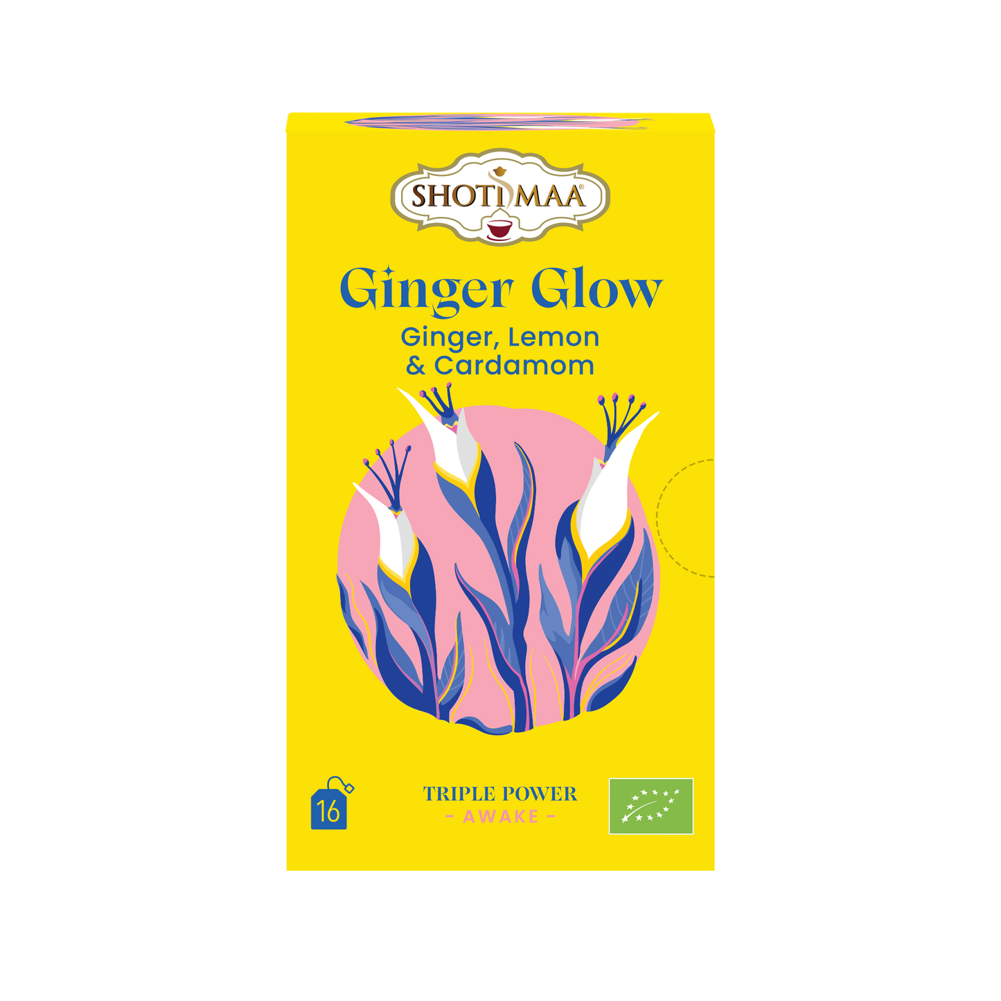 Packaging of Shoti Maa Ginger Glow tea with illustrations of ginger and lemon, indicating the flavors of the tea.