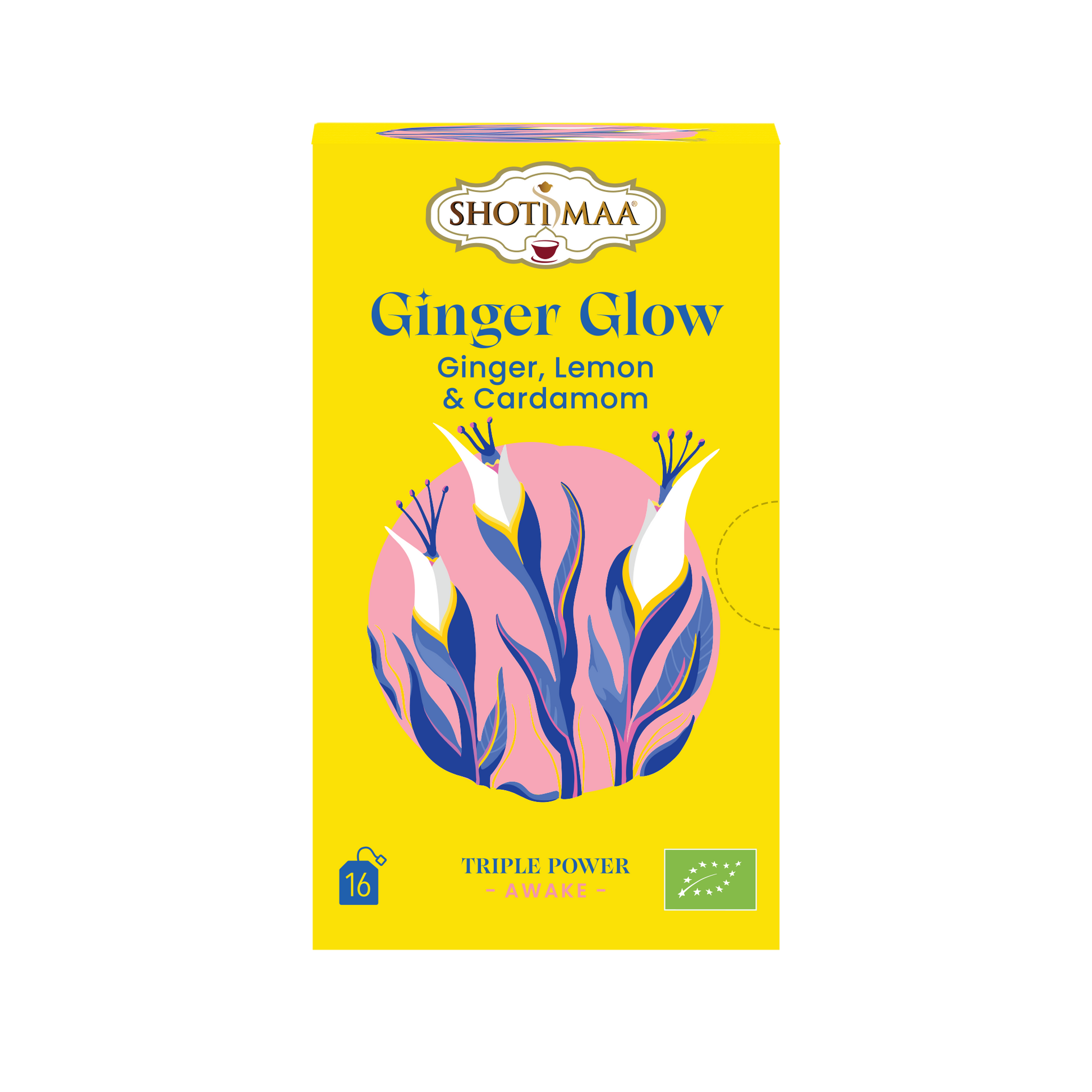 Packaging of Shoti Maa Ginger Glow tea with illustrations of ginger and lemon, indicating the flavors of the tea.