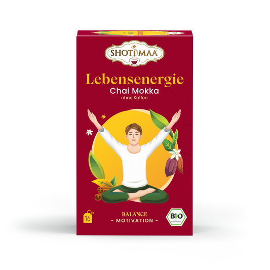 Packaging for Shoti Maa Lebensenergie Chai Moka, an organic chai tea infusion with a person meditating on the front, emphasizing balance and motivation.