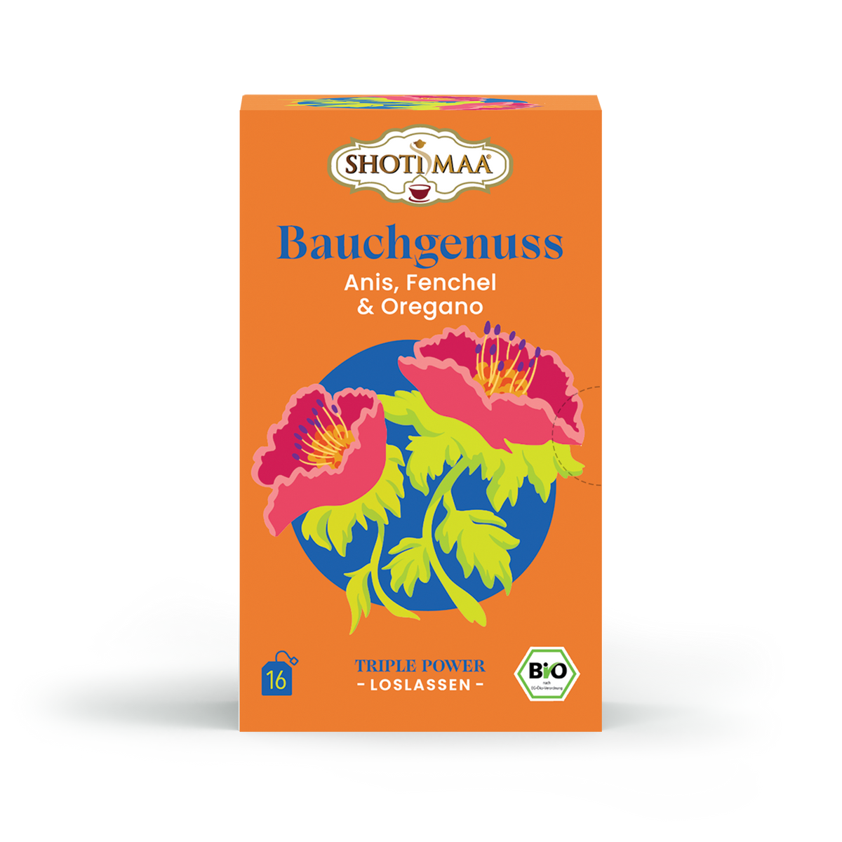 A box of Bauchgenuss organic herb and spice infusion with anise, fennel, and oregano. The packaging is orange with illustrations of flowers and leaves.