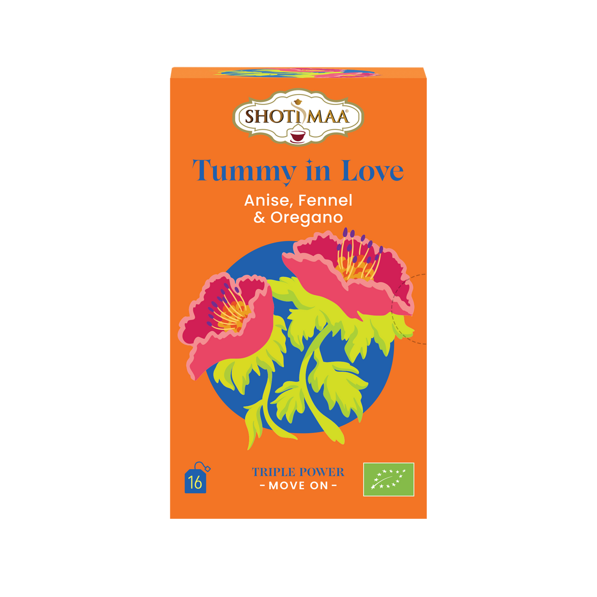 Packaging of Shoti Maa 'Tummy in Love' organic herb and spice infusion, featuring illustrations of anise and fennel plants.