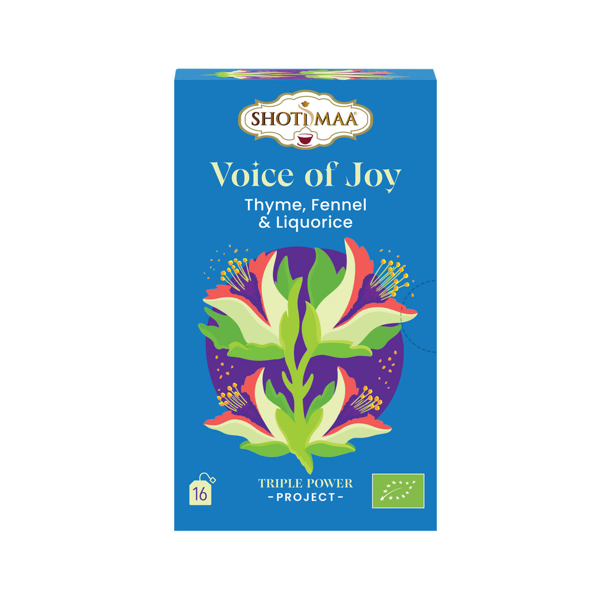 Packaging of Shoti Maa Voice of Joy tea with illustrations of thyme, fennel, and liquorice.
