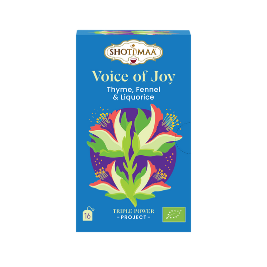 Packaging of Shoti Maa Voice of Joy tea with illustrations of thyme, fennel, and liquorice.
