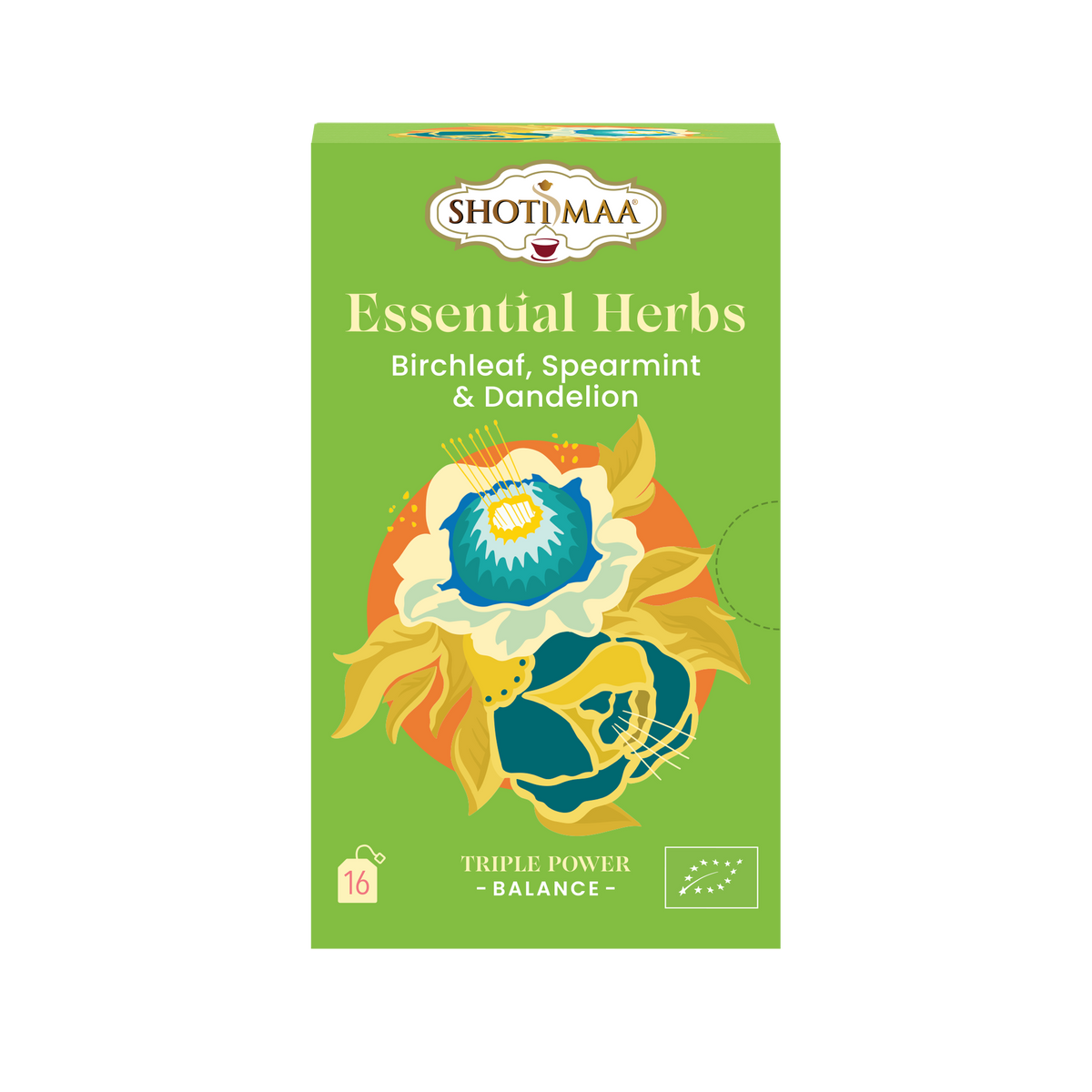 A box of SHOTI MAA Essential Herbs infusion tea with organic birchleaf, spearmint, and dandelion. The packaging is green with an illustration of a flower and leaves.