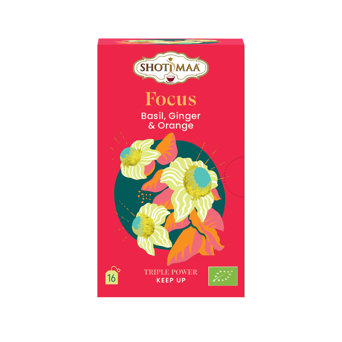 A red box of ShotiMaa Focus Basil, Ginger & Orange tea, featuring colorful illustrations of flowers and green organic certification logos on a white background.
