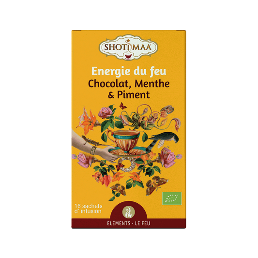 Packaging of Shoti Maa Energy of Fire Chocolate, Mint & Pepper Infusion with floral illustrations and text indicating organic ingredients.